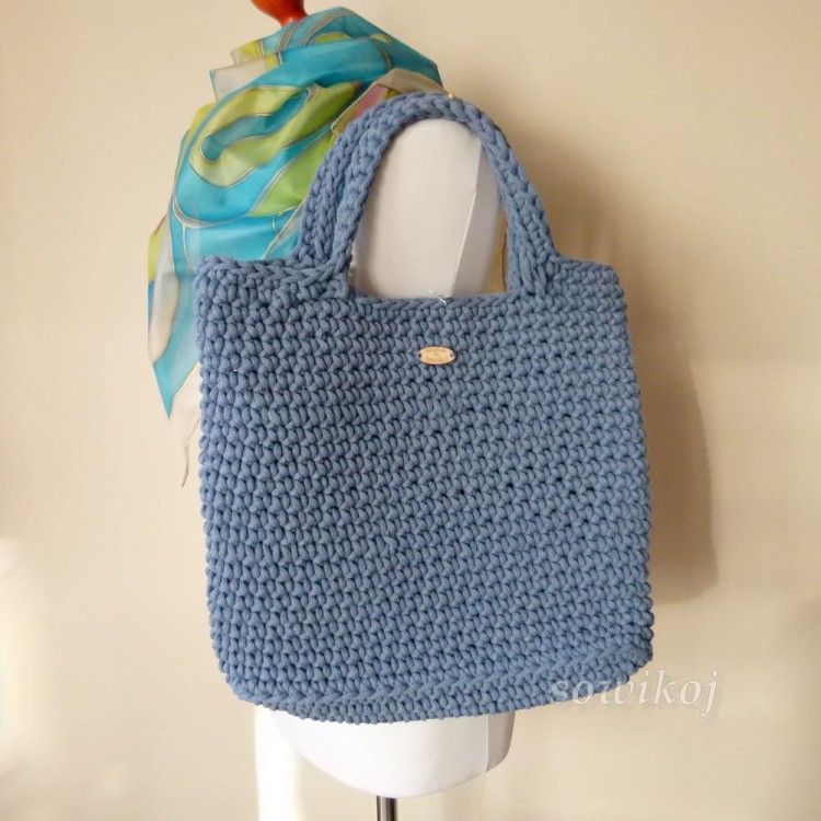 jeans bardzo duża torebka szydełkowa ze sznurka