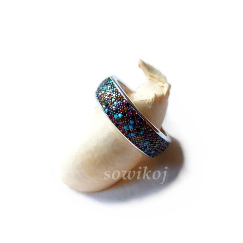 Obrączka srebrna czarna z kolorowymi cyrkoniami