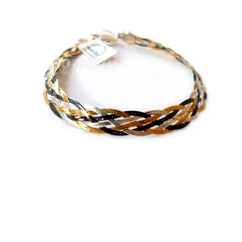 Srebrna szeroka bransoletka z czterech pleceń z 3 kolorów - kłos