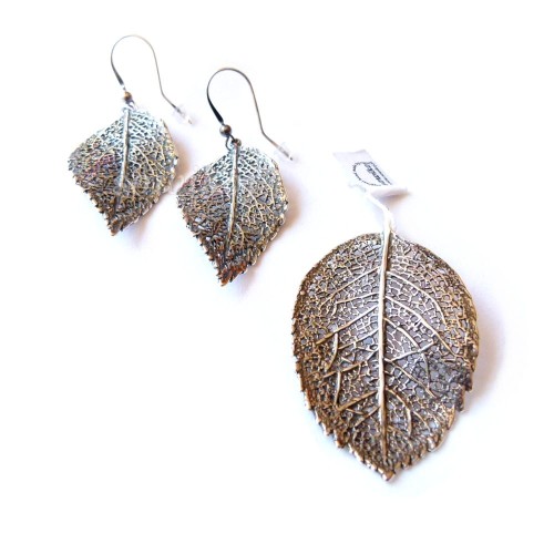 Komplet - kolczyki i zawieszka ażurowy liść