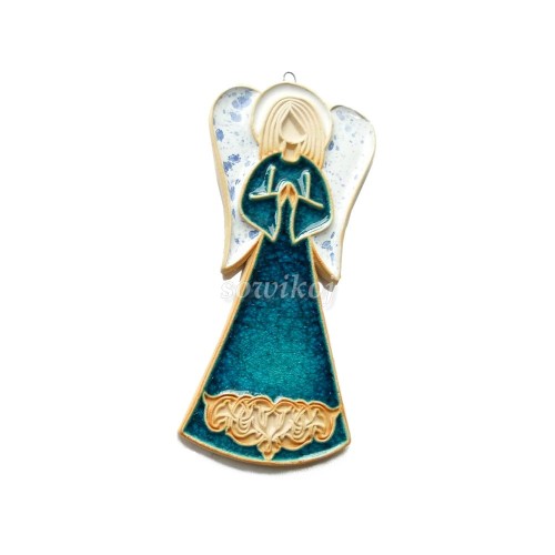 Anioł turkusowy szmaragdowy ze szkliwem cracle