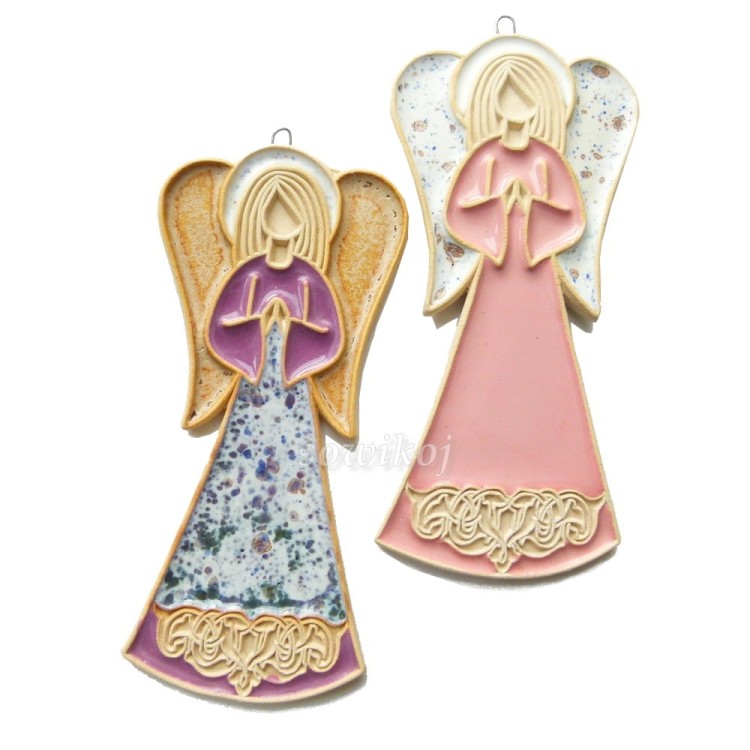 17 cm anioły reliefowe z ozdobnymi sukienkami fiolet i różowy