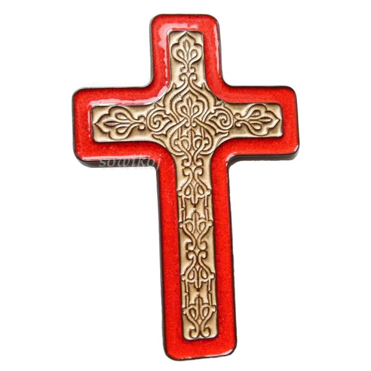 Krzyż ceramiczny motyw orientalny czerwony duży w całości szkliwiony