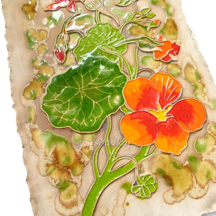 Ceramika - panel ceramiczny ozdobny szkliwiony obraz nasturcje