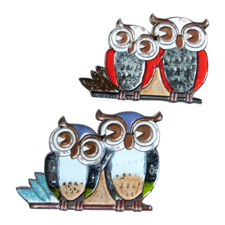 Ceramiczne sówki czerwone i niebieskie zawieszka na ścianę