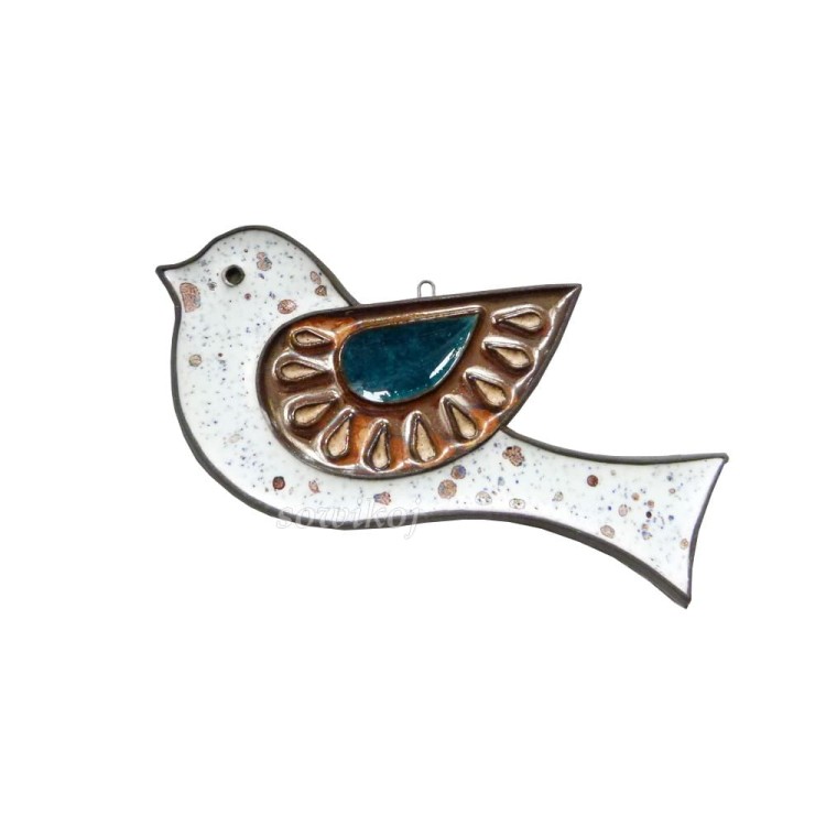 Ptaszek ceramiczny biały z turkusowym skrzydełkiem