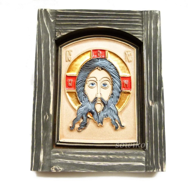 Ikona ceramiczna mała Jezus Chrystus Mandylion - bizantyjski - w drewnianej oprawie