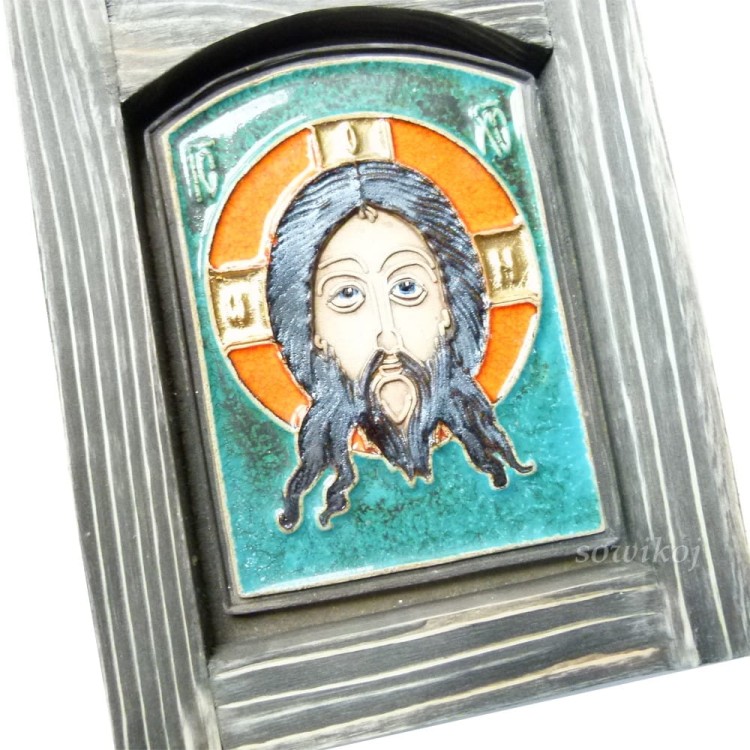 Ikona Jezus pomarańcz turkus - oprawa drewniana