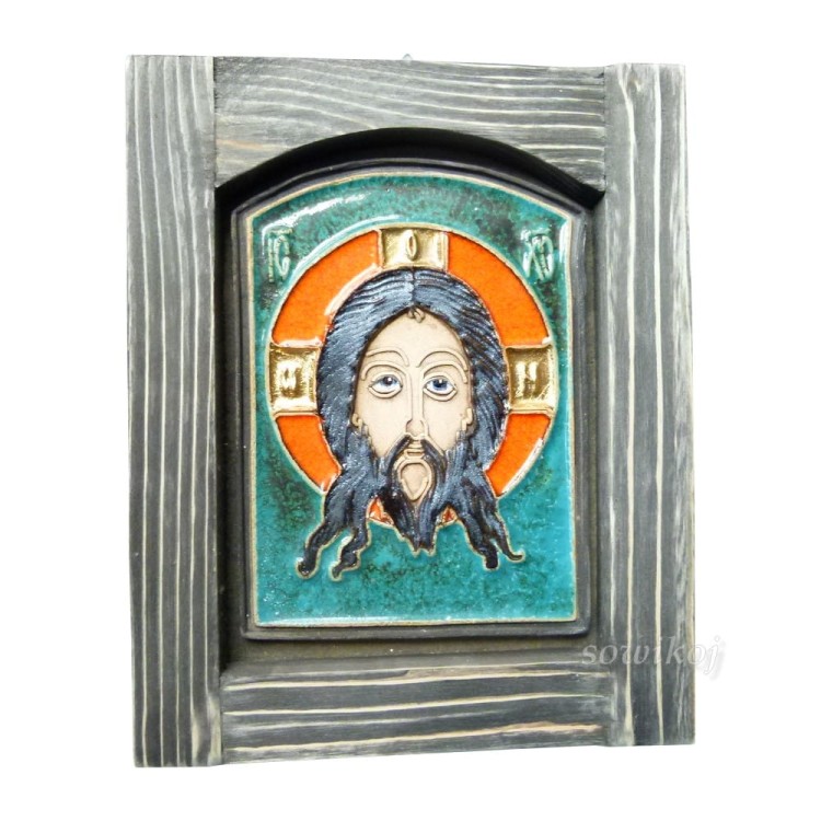 Ceramiczna ikona Jezus Mandylion turkusowe tło