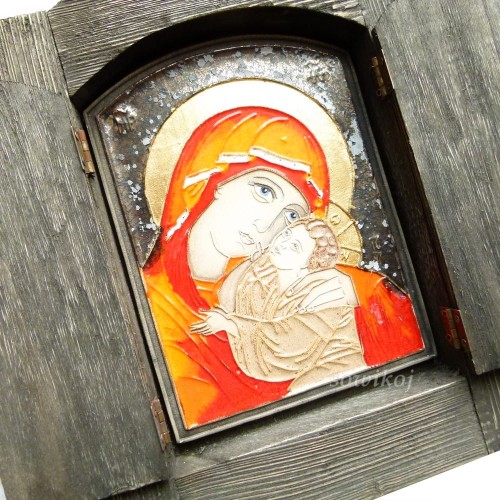 Ikona ceramiczna w drewnianej oprawie z zamknięciem Eleusa