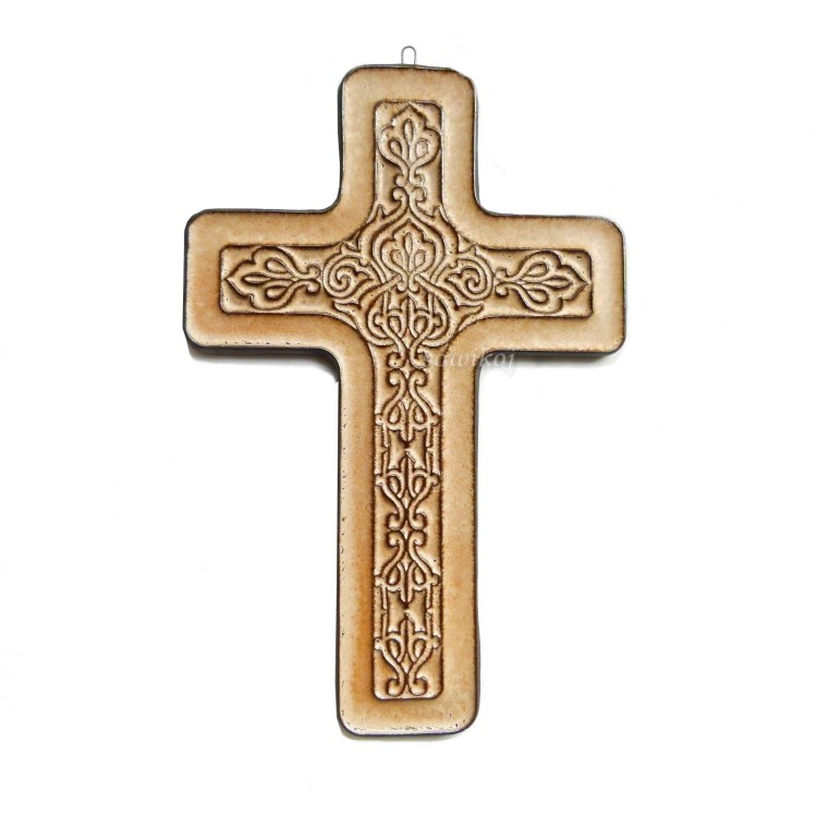 Krzyż beżowy - ceramika szkliwiona do powieszenia na ścianie