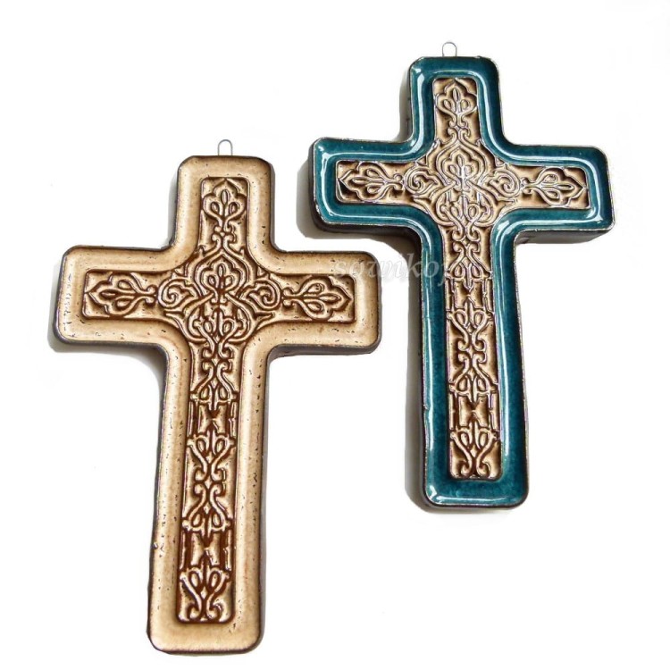 Krzyż ceramiczny duży szkliwiony kolory morski i kremowy