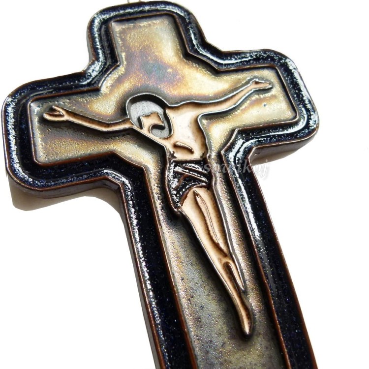 Krzyżyk z Jezusem mniejszy granatowy - szkliwo i tleki