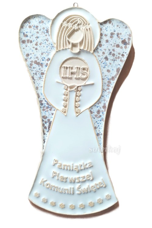 Ceramiczny anioł - pamiątka komunijna z napisem