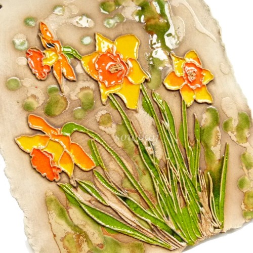 Tablica żonkile zbliżenie - kafelek ceramiczny - ozdoba z kwiatami