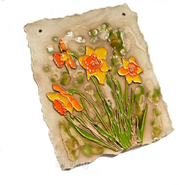 Tablica żonkile - ceramiczny dekor szkliwiony duży