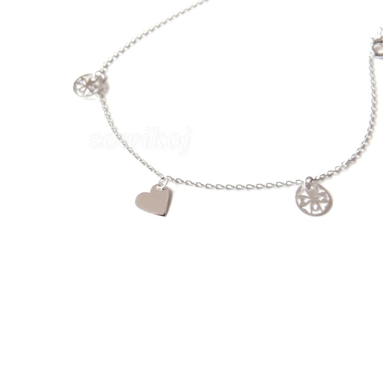 Bransoletka srebrna z zawieszkami - mini  kółeczko - koniczynka oraz serduszko.