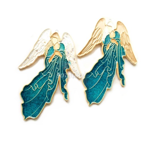 Ceramiczne anioły wiszące - w locie - turkusowe - dwie wersje ze skrzydłami ecru lub białymi nakrapianymi