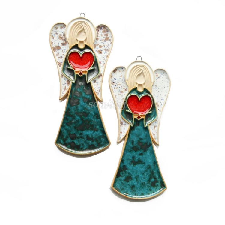 Ceramiczny anioł w tukusowej sukience z sercem - turkus z metalicznym cieniem