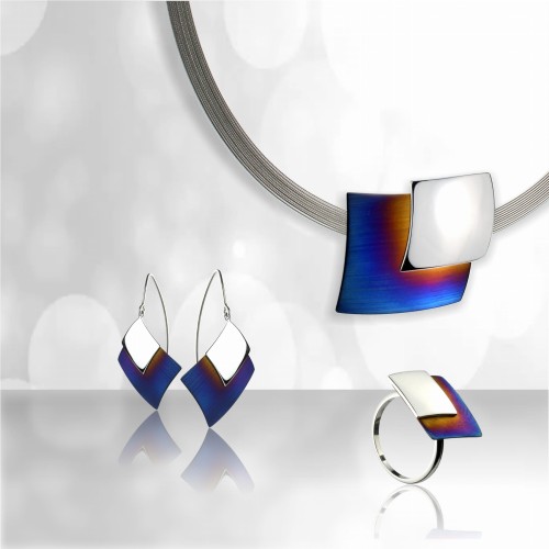 Tytanowe romby - komplet biżuterii srebrnej, naszyjnik, pierścionek i kolczyki