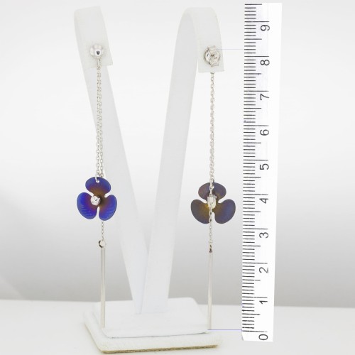 Długie wiszące kolczyki  srebrne bławatek z niebieskim tytanem 8 cm.