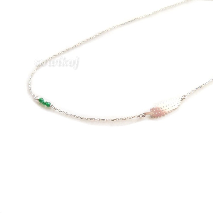 Łańcuszek srebro 925 rodowane, zielone spinele i paproć - delikatny liść - łańcuszek