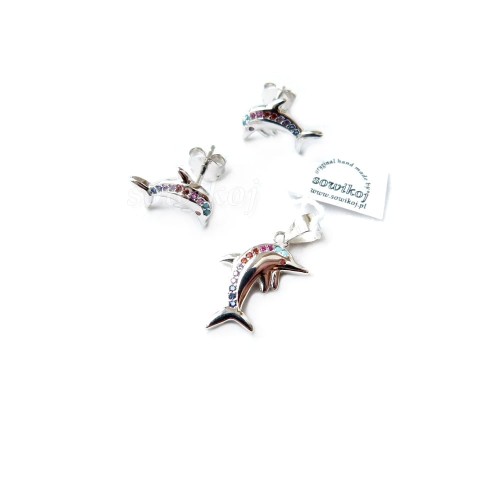 Delfinki - kolczyki z zawieszką - srebro 925 z kolorowymi akcentami