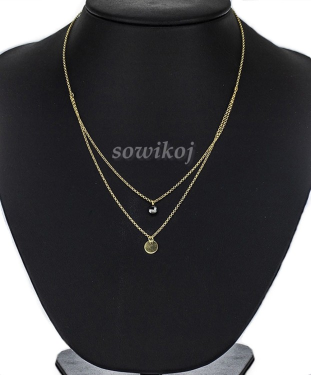 Srebrny pozłacany podwójny naszyjnik z delikatnym czarnym kryształkiem