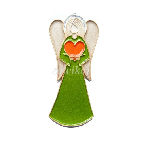 Ceramiczny anioł 23 cm z sercem jasny zielony wiosenny