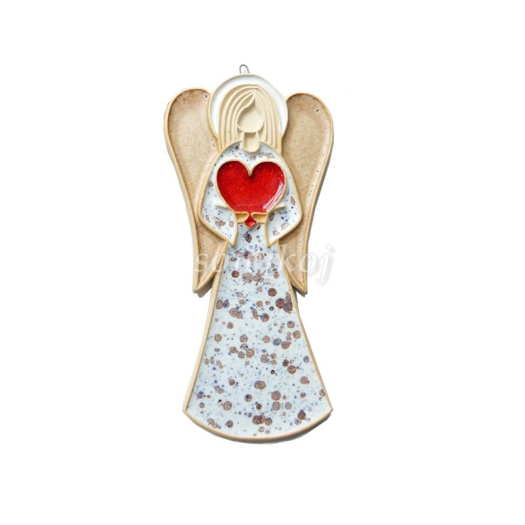 anioł 17 cm z sercem stokrotka ceramika