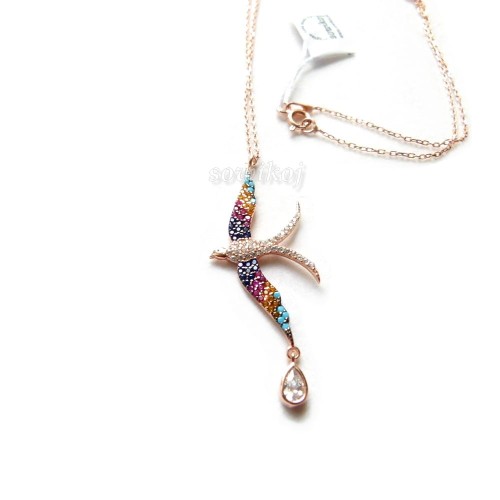 Wisiorek - naszyjnik z łańcuszkiem jaskółka z kroplą cyrkonie w srebrze