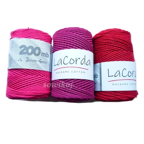 Porównanie kolorów - sznurek bawełniany 2mm do makramy - fuksja, chianti, wino