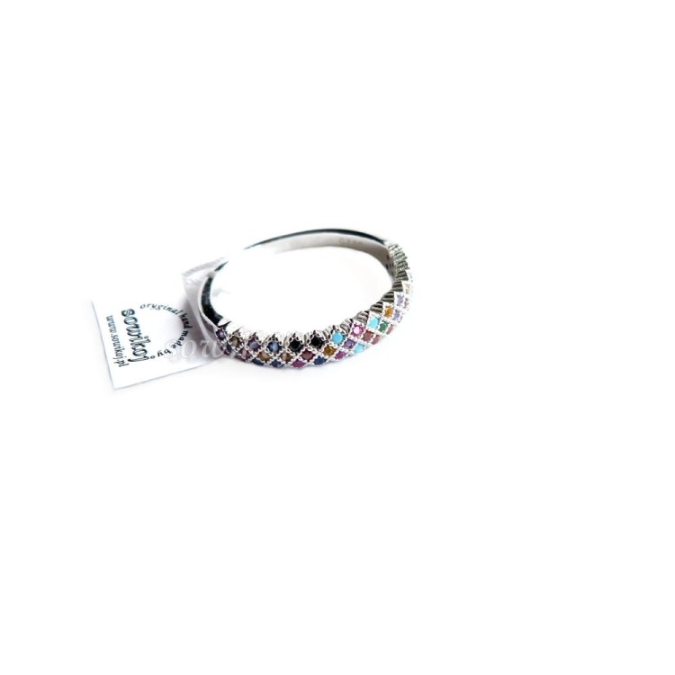 Srebrny pierścionek z kolorowymi cyrkoniami - krateczka 3 rzędy