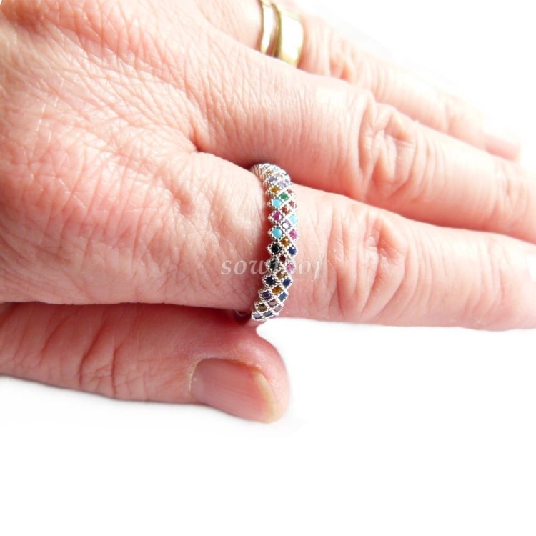 Pierścionek krateczka - kolorowe cyrkonie
