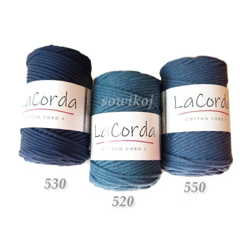 Porównanie kolorów sznurka bawełnianego granat - 530, petrol 520 oraz jeans 550 (tu niebieski jeans 550)