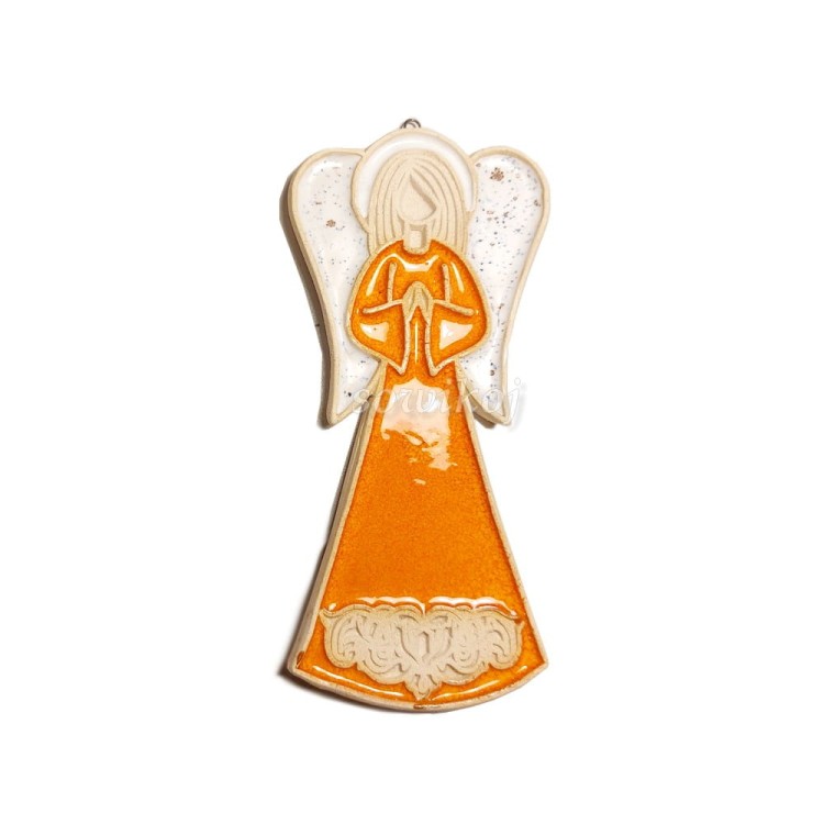 Aniołki ceramiczne z ozdobnym reliefem do powieszenia na ścianę pomarańczowy