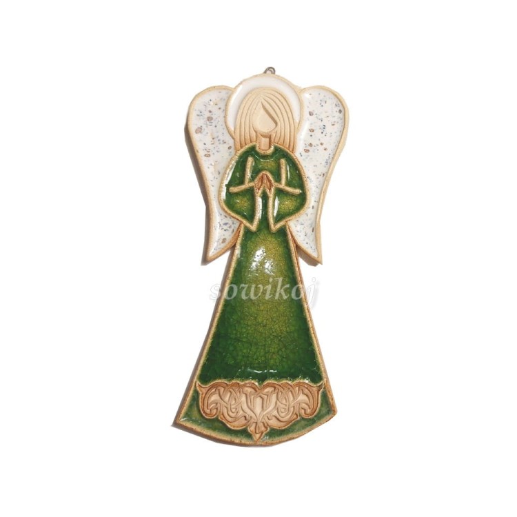 Opalizująca zieleń - anioł z ceramiki - zawieszka na ścianę 17cm.