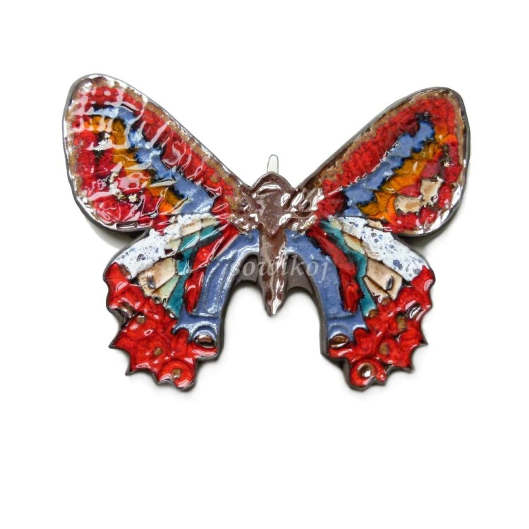 Ceramiczny duży motyl do powieszenia na ścianie - wykończenie z niebieskim