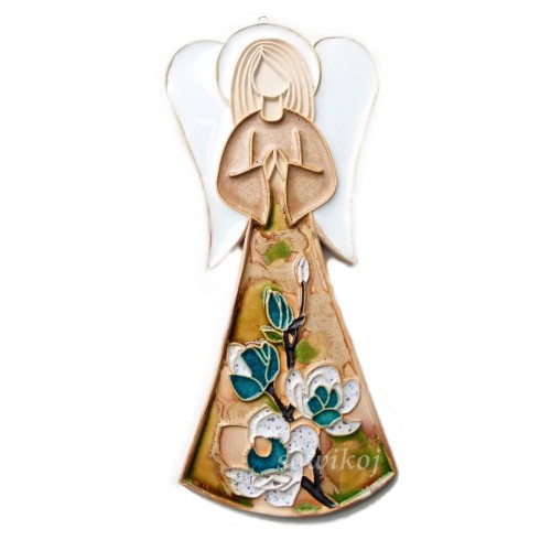 Anioł ceramiczny wiszący duży - magnolie, ceramika szkliwiona ręcznie robiona
