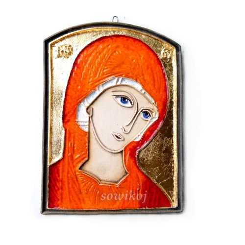 Mała ikona ceramiczna Matka Boska bizantyjska - szkliwiona bez ramy