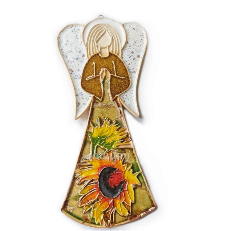 Duży wiszący Anioł ceramiczny ze słonecznikiem