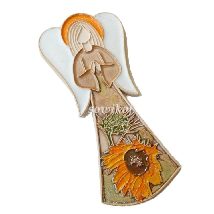 Anioł ze słonecznikiem wiszący - ceramika rękodzieło