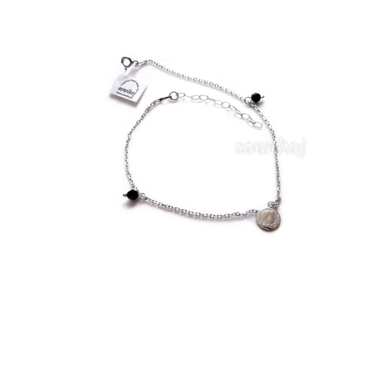 Bransoletka na stopę z zawieszkami czarnymi - srebro 925