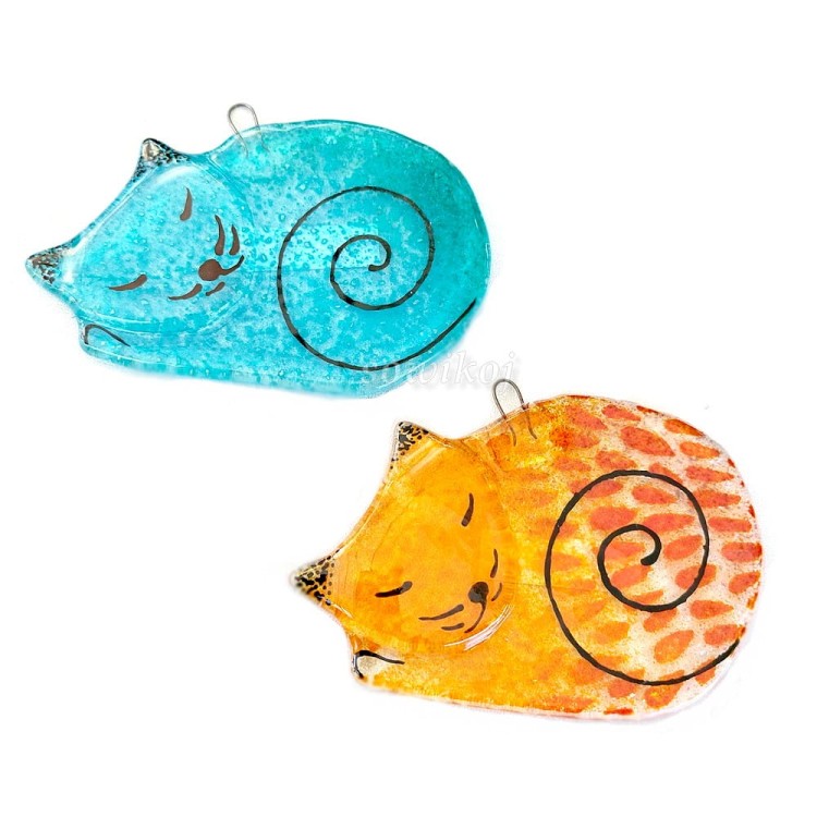 Turkusowy i pomarańczowy kot śpioch - szklany handmade