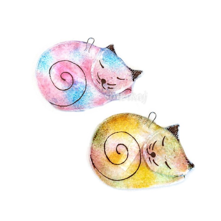 Różowy i żółty kot śpioch - szkło