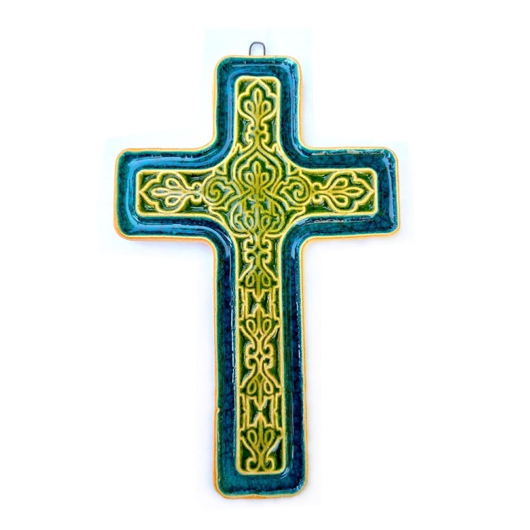 Krzyż ceramiczny - turkus z niebieskim