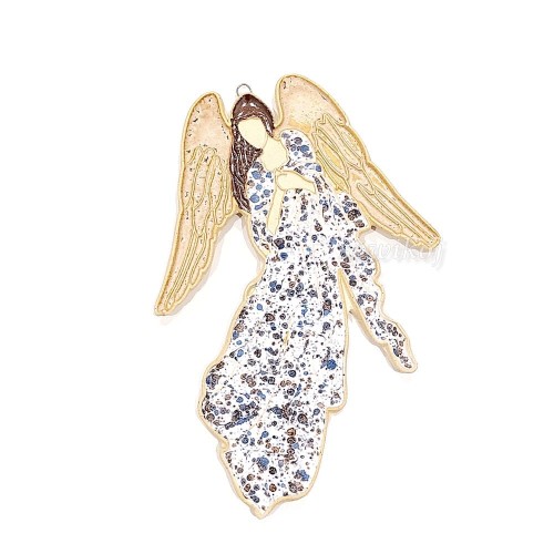 Anioł ceramiczny w białej nakrapianej niebiesko sukience - wzór margaretka , z ciemnymi włosami. Figurka ręcznie robiona