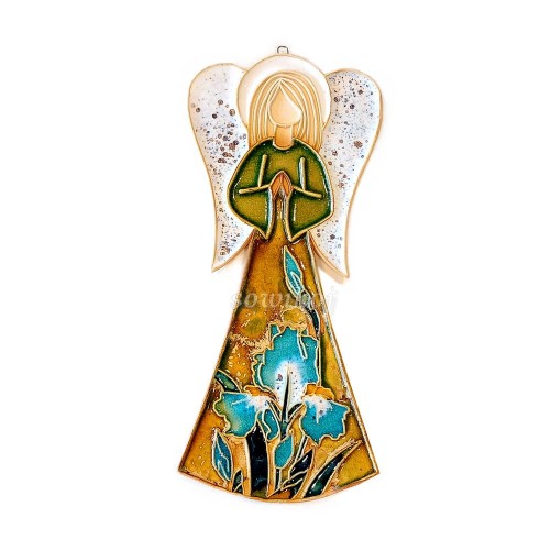 Anioł ceramiczny duży z irysami - szkliwiony na turkus