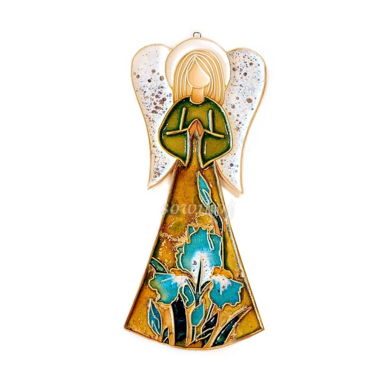 Anioł ceramiczny duży z irysami - szkliwiony na turkus