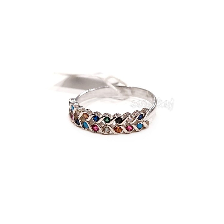 Srebrny pierścionek z kolorowymi cyrkoniami ułożonymi w kształt kłosa - srebro 925